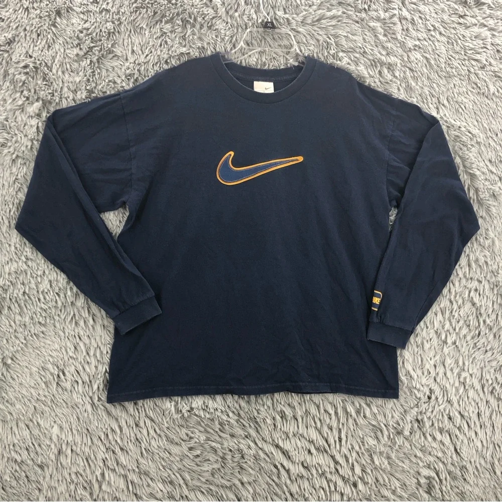 Nike Shirt Mens Large Swoosh Checkmark Navy Blue Long Sleeve